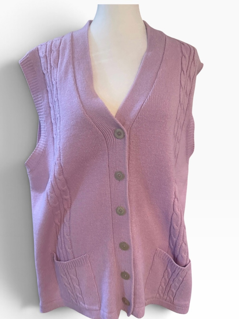 Womens Vintage Classic Lavender Cable Knit Button-Front Sweater Vest Size Large